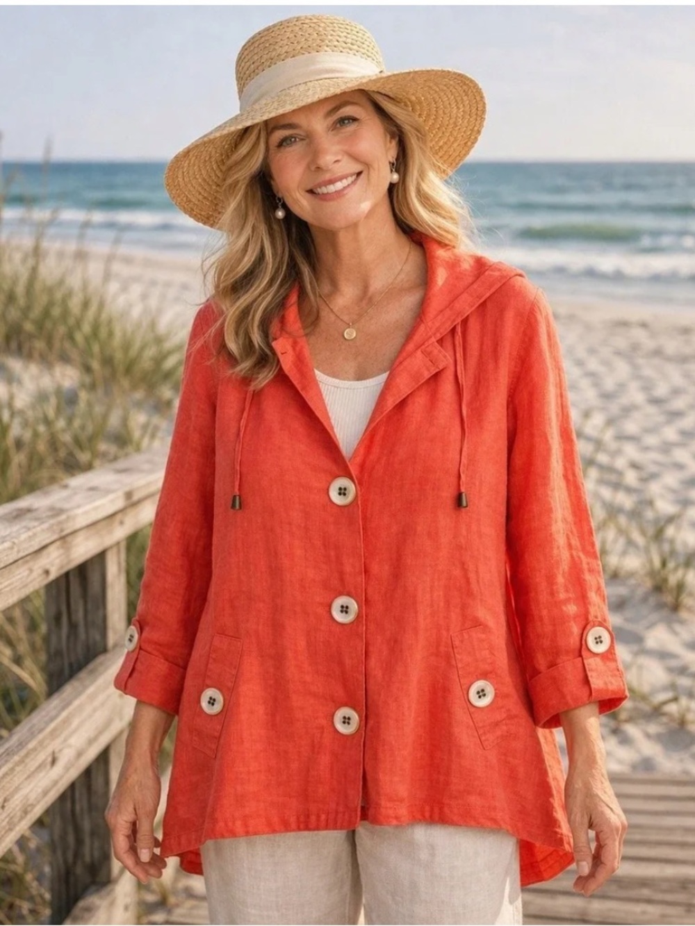For Cynthia 100% Linen Hooded Jacket Lagenlook Lightweight Coral Red, Size S